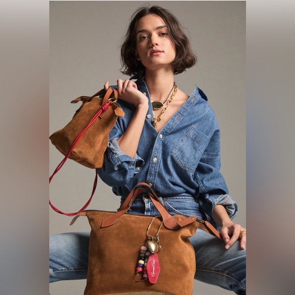 Parker Thatch Charlie Suede Top-Handle Tote Bag in Caramel Brown - Picture 2 of 6